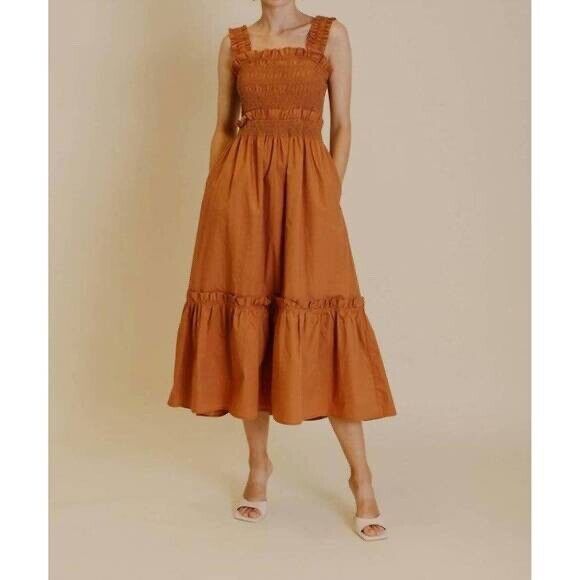 Aureum BOHO Smocked Midi Sundres Orange Russet M - Picture 1 of 9